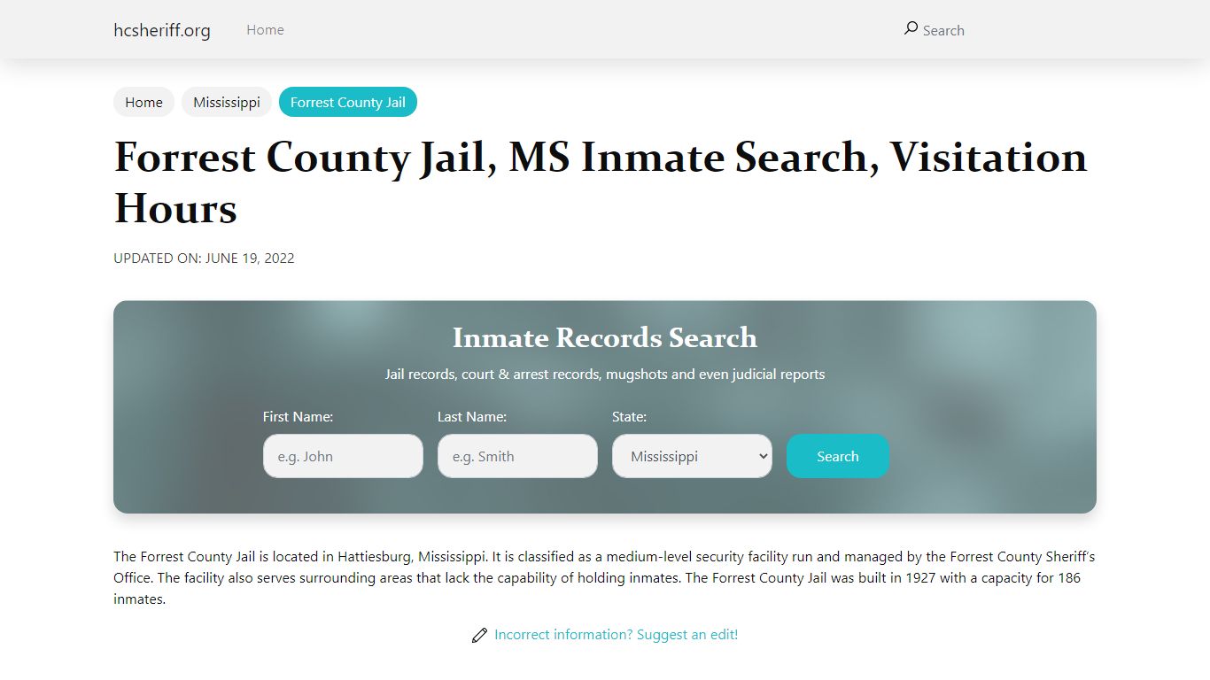 Forrest County Jail, MS Inmate Search, Visitation Hours